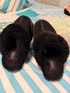 UGG Black Suede Shearling Slip-On Mules